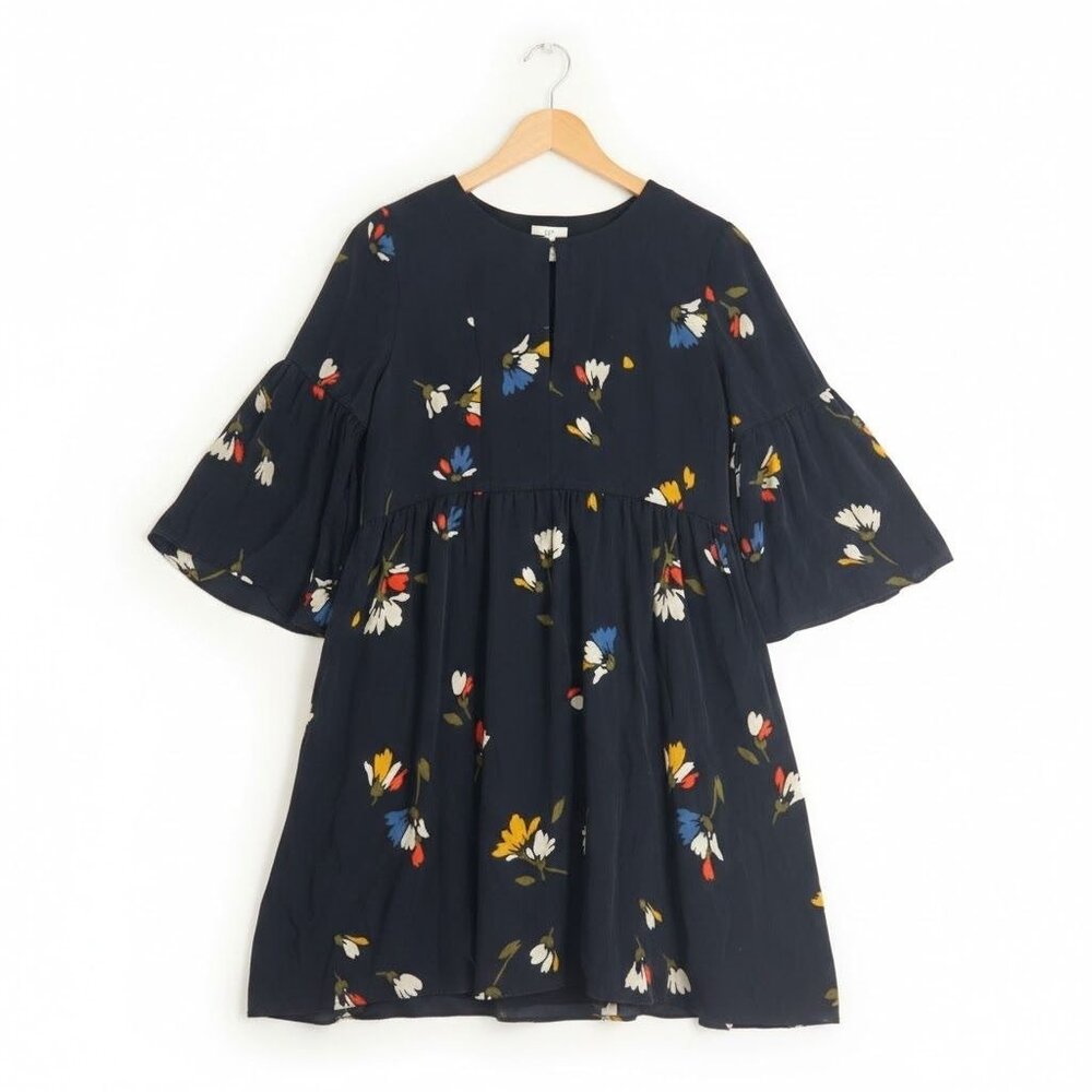 Joie Avari Silk Navy Floral Bell Sleeve Keyhole Mini Dress Sz M Career View 3